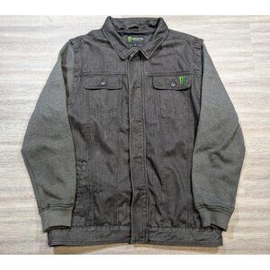 Monster Energy Denim Jacket Men's XL Zip Button Grey Embroidered Logo